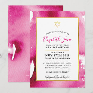 BAT MITZVAH gold star smart pink watercolor invite