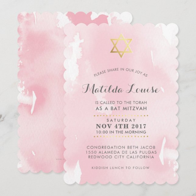 BAT MITZVAH gold stylish pink watercolor invite (Front/Back)