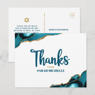 Bat Mitzvah Gold Turquoise Agate Script Thank You Postcard