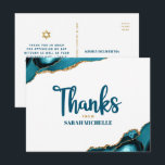 Bat Mitzvah Gold Turquoise Agate Script Thank You Postcard<br><div class="desc">Make sure your favourite Bat Mitzvah shows his appreciation to all who supported her milestone event! Send out this cool, unique, modern, personalised thank you postcard. Turquoise blue handwritten script and bold, sans serif typography overlay a simple, clean white background with turquoise blue agate rocks accented with faux gold veins....</div>