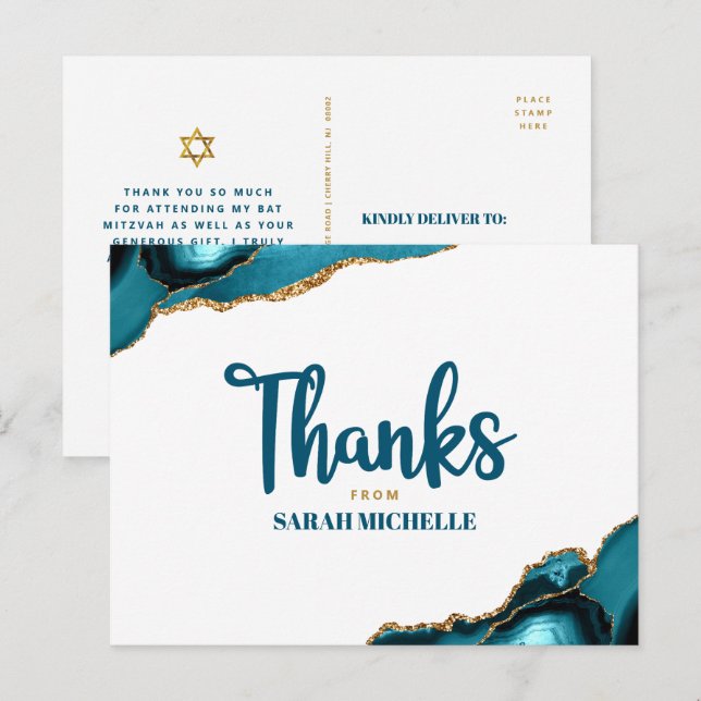 Bat Mitzvah Gold Turquoise Agate Script Thank You Postcard (Front/Back)