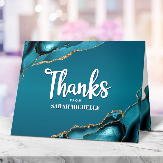 Bat Mitzvah Gold Turquoise Ombre Agate Bold Script Thank You Card (Creator Uploaded)