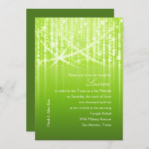 Bat Mitzvah Green and White Sparkly Lights Invitation