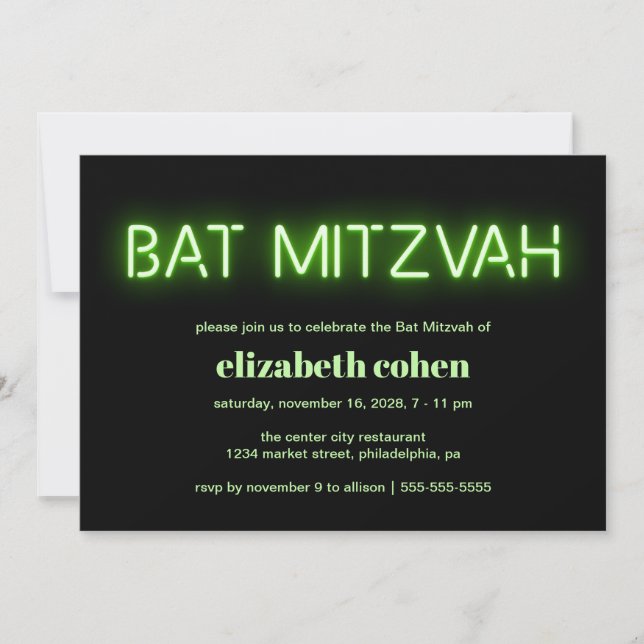 Bat Mitzvah Green Neon Lights Invitation (Front)