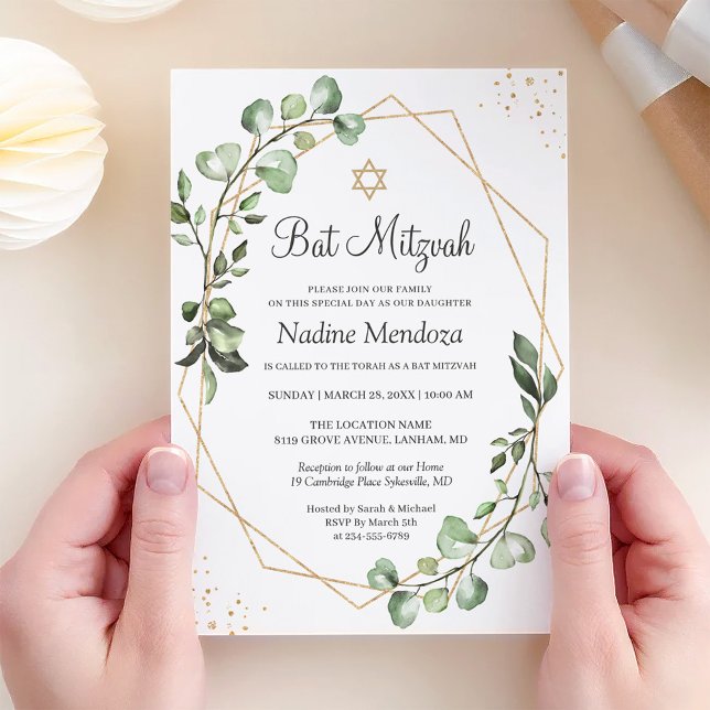 Bat Mitzvah | Greenery Eucalyptus Gold Geometric Invitation (Creator Uploaded)