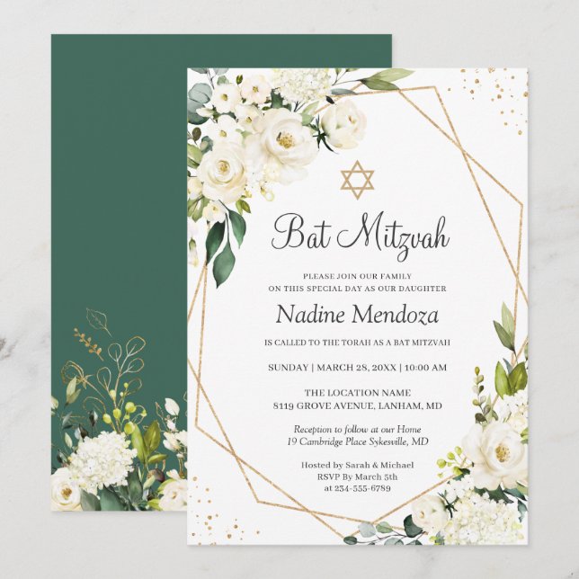 Bat Mitzvah | Greenery White Rose Floral Geometric Invitation (Front/Back)