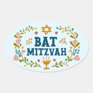 BAT MITZVAH Hand-drawn floral Jewish Customisable Oval Sticker