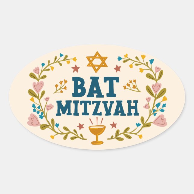 BAT MITZVAH Hand-drawn floral Jewish Customisable  Oval Sticker (Front)