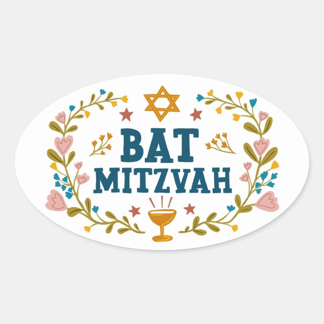 BAT MITZVAH Hand-drawn floral Jewish Customisable  Oval Sticker (Front)