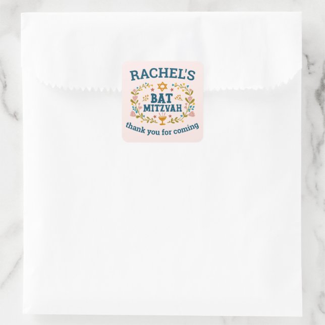 BAT MITZVAH Hand-drawn floral Jewish Customisable  Square Sticker (Bag)