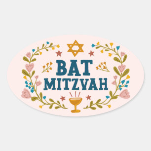 BAT MITZVAH Hand-drawn floral Jewish Customizable  Oval Sticker