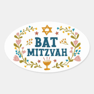 BAT MITZVAH Hand-drawn floral Jewish Customizable  Oval Sticker