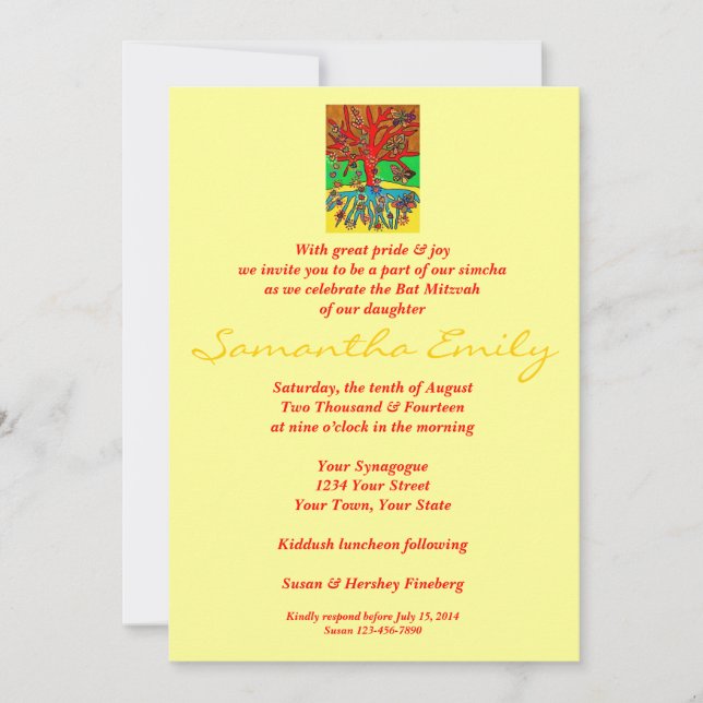 Bat Mitzvah:Hearts Grow Into Butterflies Tree Life Invitation (Front)