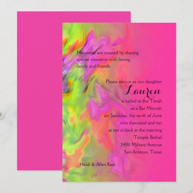Bat Mitzvah Hot Pink and Green Tie Dye Invitation (Front/Back)