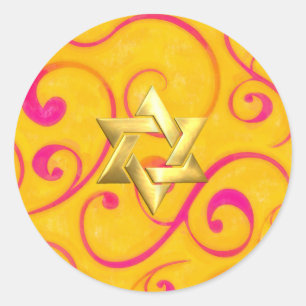 Bat Mitzvah Hot Pink and Yellow Design Classic Round Sticker