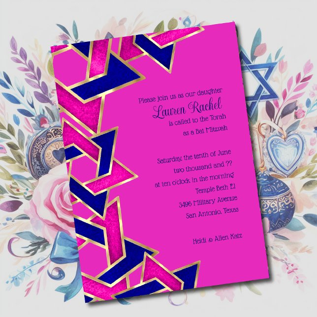 Bat Mitzvah Hot Pink Navy Blue Star of David Invitation (Creator Uploaded)