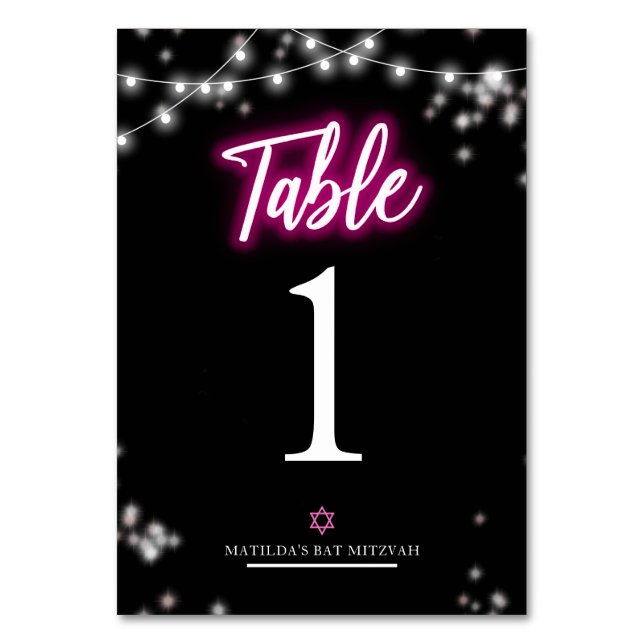 Bat Mitzvah Hot Pink Neon Themed Table Number (Front)