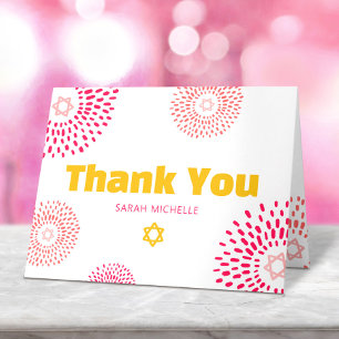 Bat Mitzvah Hot Pink Starburst Bold Yellow Type Thank You Card