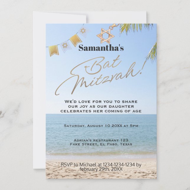 Bat mitzvah invitation: Beach theme, QR Invitation (Front)
