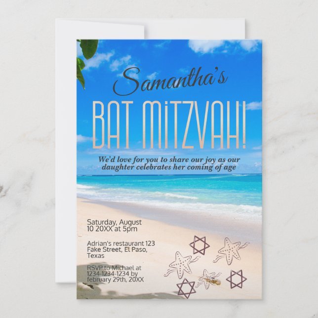 Bat mitzvah invitation: Beach theme, QR Invitation (Front)