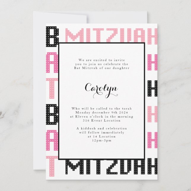 Bat Mitzvah Invitation Black and Pink (Front)