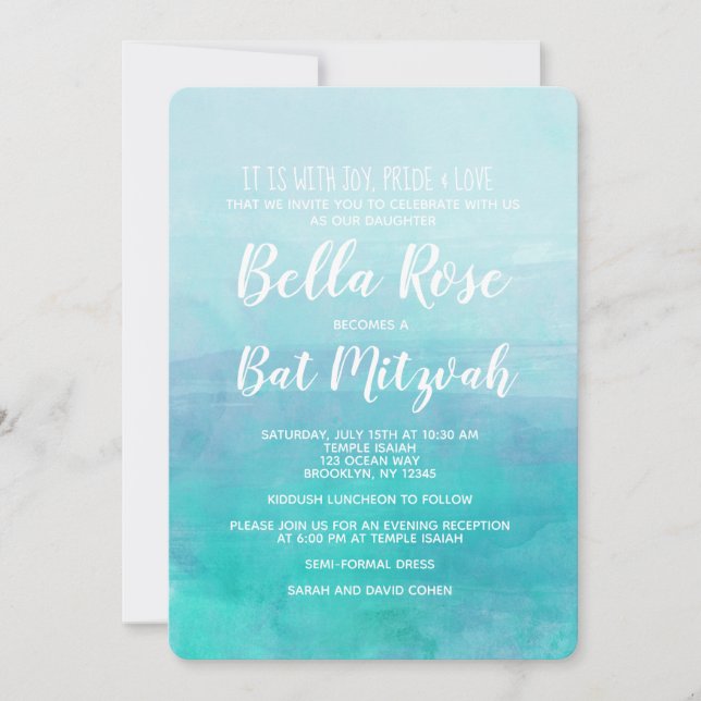 Bat Mitzvah Invitation Blue Watercolor Ombre (Front)