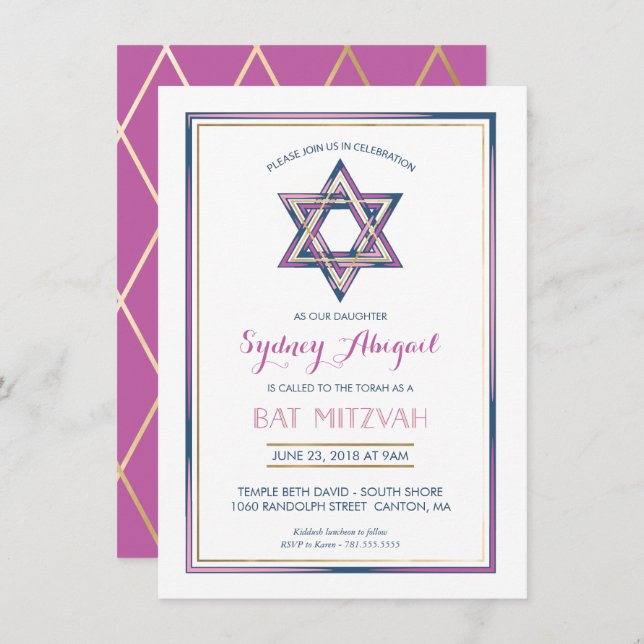 Bat Mitzvah Invitation - Customise, Gold, Modern (Front/Back)