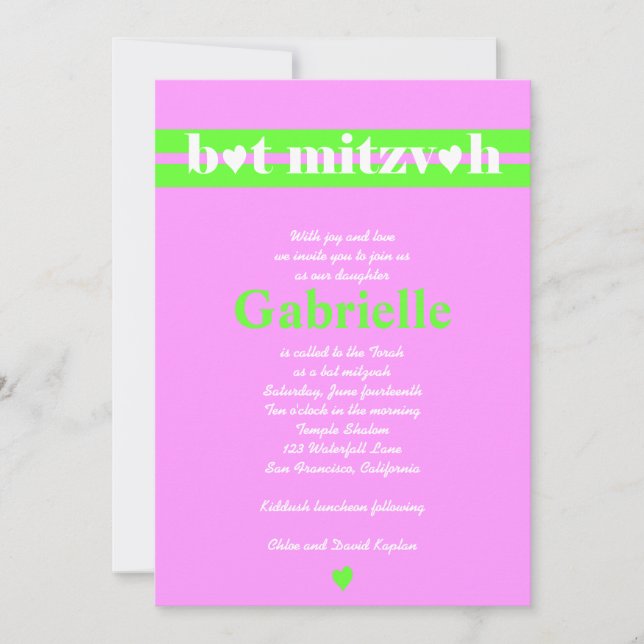 Bat Mitzvah Invitation Gabrielle Pink Green (Front)