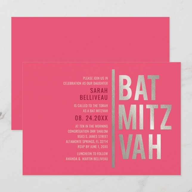 Bat Mitzvah Invitation Modern Bold Lettering (Front/Back)
