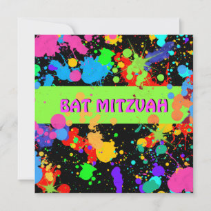 Bat Mitzvah Invitation, Neon Paint Splatter Invitation