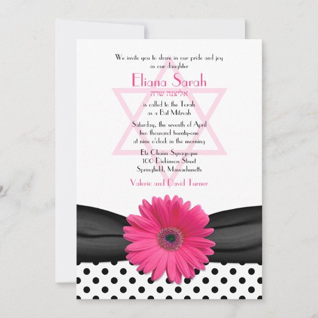 Bat Mitzvah Invitation | Pink Daisy Polka Dot (Front)