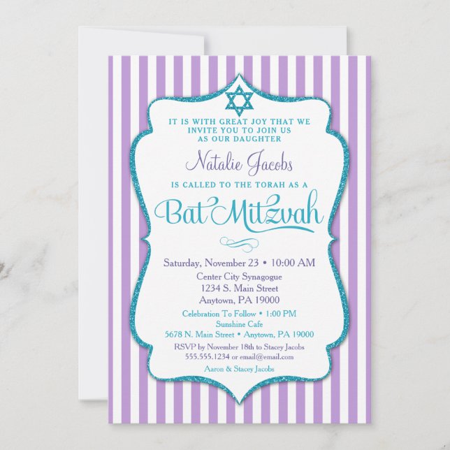 Bat Mitzvah Invitation Purple Teal Elegant Stripe (Front)