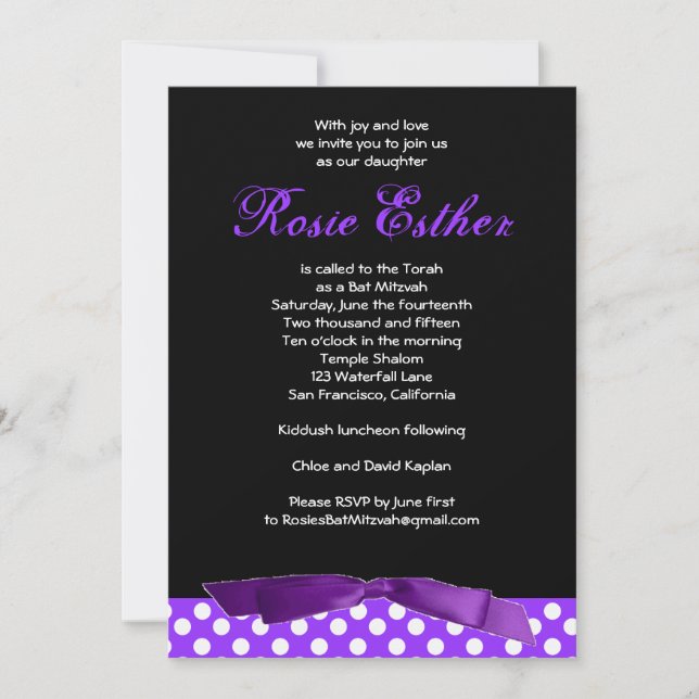Bat Mitzvah Invitation Rosie Purple Bow Black (Front)