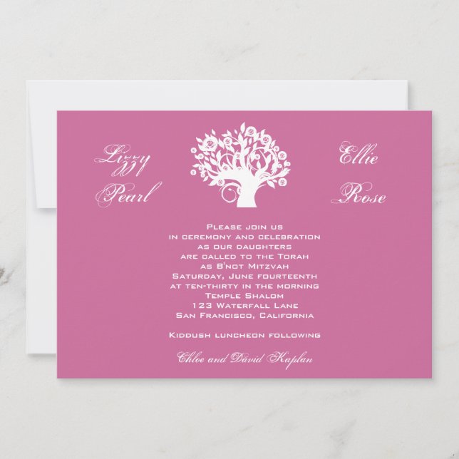 Bat Mitzvah Invitation Twins Sweet 16 Tree (Front)