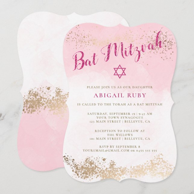 Bat Mitzvah Invitations | Pink & Gold Glitter 01 (Front/Back)