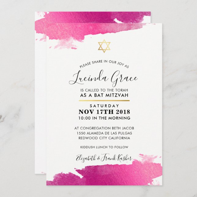 BAT MITZVAH INVITE modern gilded gold pink black (Front/Back)