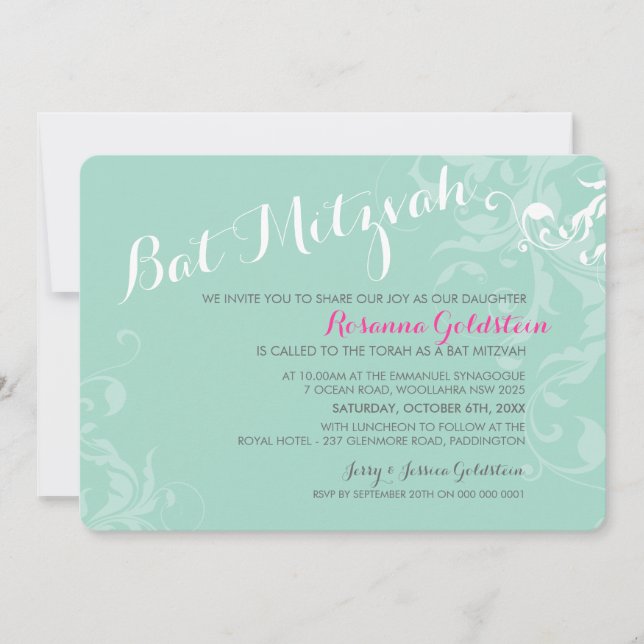 BAT MITZVAH INVITES elegant flourish mint pink (Front)