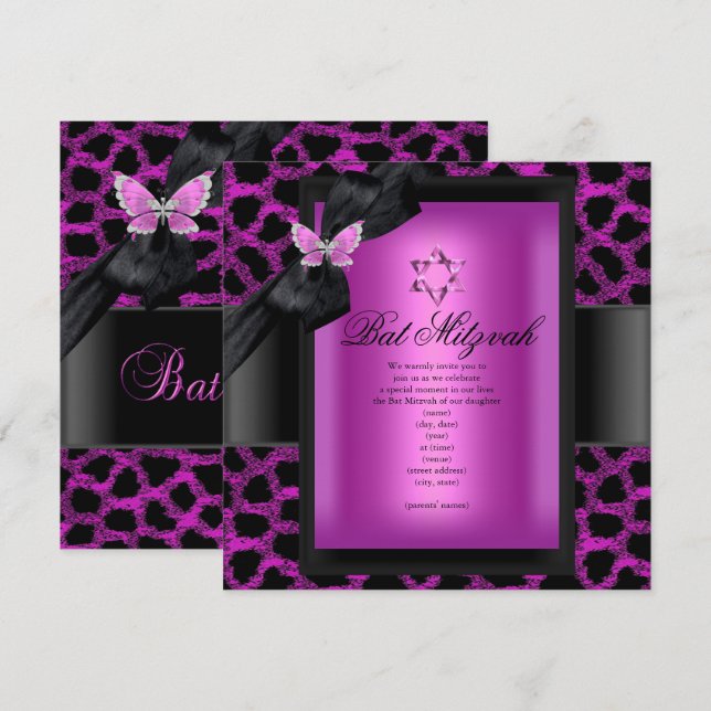 Bat Mitzvah Leopard Pink Butterfly Invitation (Front/Back)