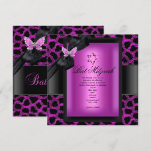 Bat Mitzvah Leopard Pink Butterfly Invitation