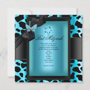 Bat Mitzvah Leopard Teal Blue Butterfly Invitation