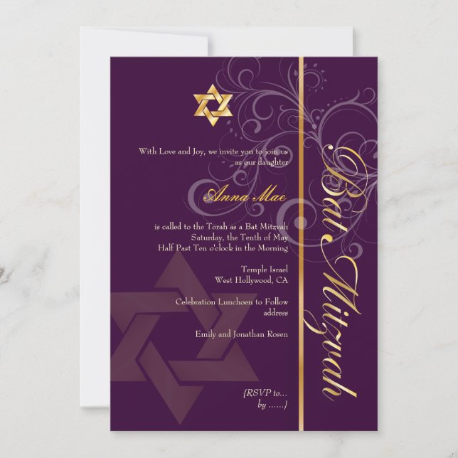 Bat Mitzvah/lilac/plum/gold/diy background colour Invitation (Front)