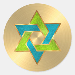 Bat Mitzvah Lime Turquoise Star of David Gold Classic Round Sticker