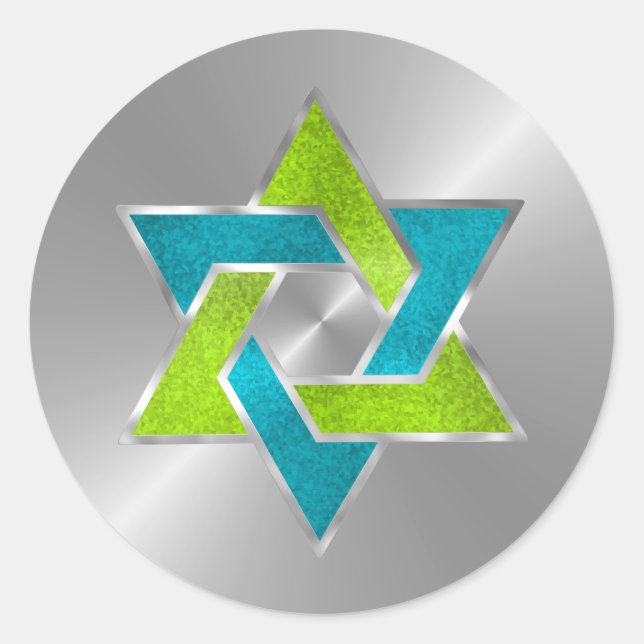 Bat Mitzvah Lime Turquoise Star of David Silver Classic Round Sticker (Front)