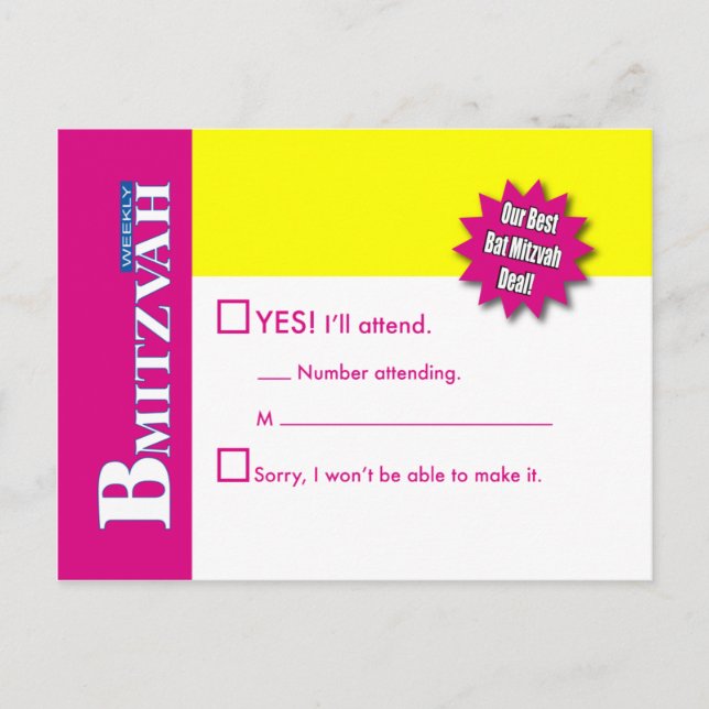 Bat Mitzvah Magaine RSVP Reply Card Yellow Pink (Front)