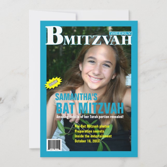 Bat Mitzvah Magazine Invitation Teal (Front)