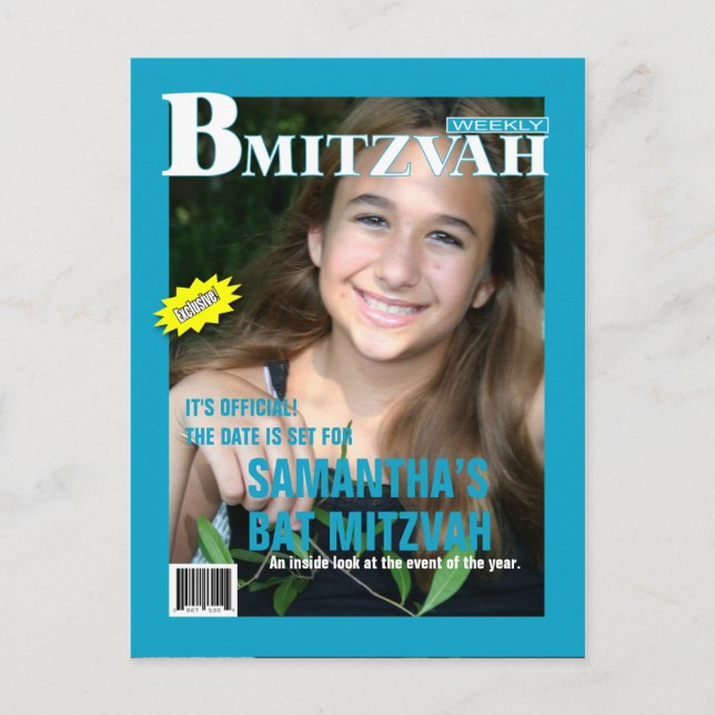 Bat Mitzvah Magazine Save the Date Teal Announcement Postcard (Front)