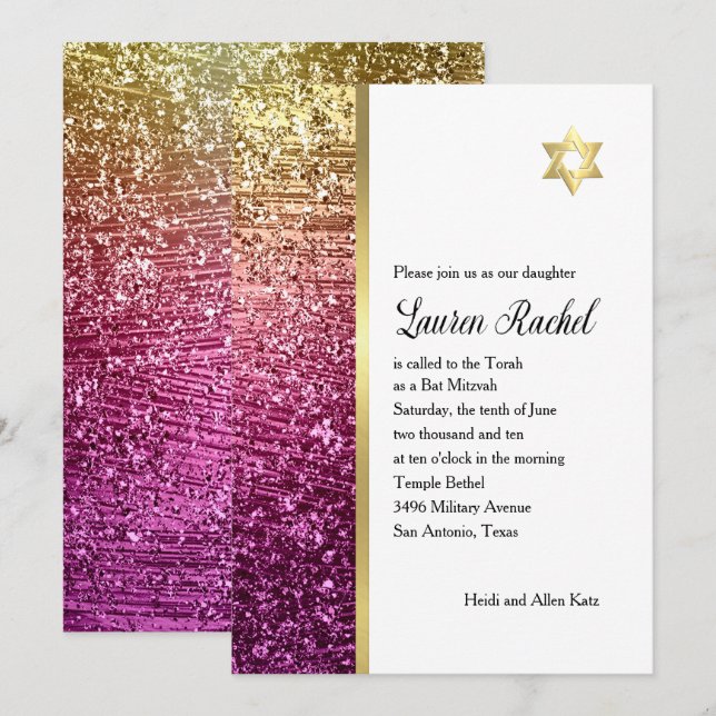 Bat Mitzvah Magenta Pink and Gold Glittery Invitation (Front/Back)