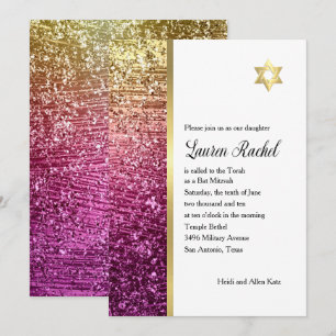 Bat Mitzvah Magenta Pink and Gold Glittery Invitation