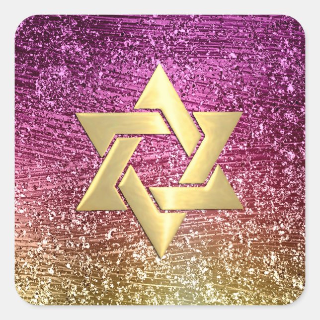 Bat Mitzvah Magenta Pink and Gold Glittery Square Sticker (Front)