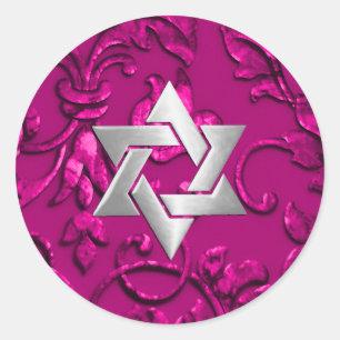 Bat Mitzvah Metallic Embossed Look Damask Magenta Classic Round Sticker